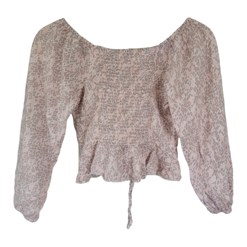 Japna XS Square Neck Ruched Peplum Crop Top Puff Sleeve Animal Print Coquette - Picture 4 of 11
